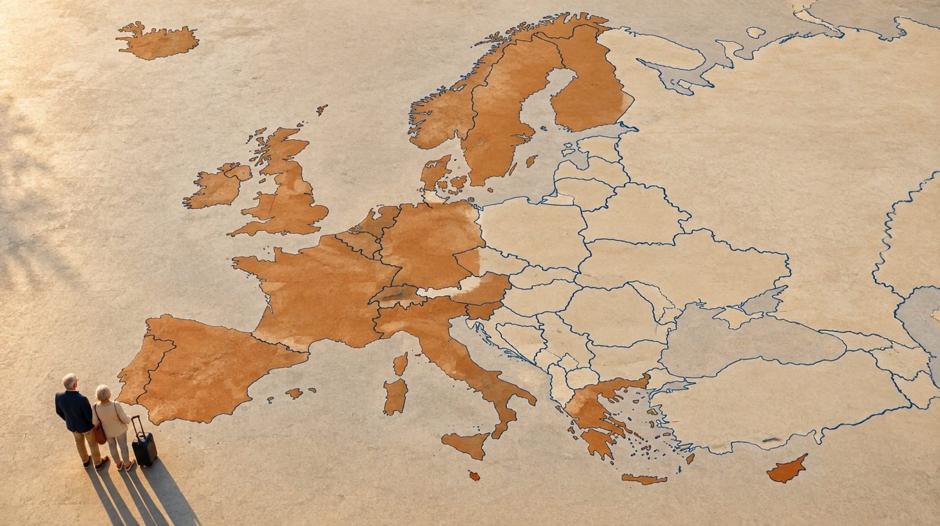 A couple with a suitcase stands at the edge of a huge map of Europe painted on sunlit ground, deciding where to go